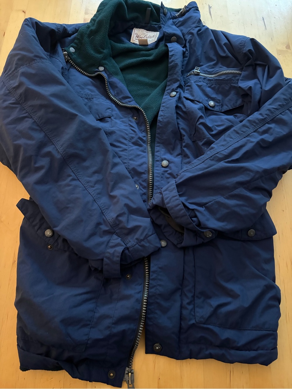 Woolrich Navy Blue Puffer Jacket with Green Fleece Lining